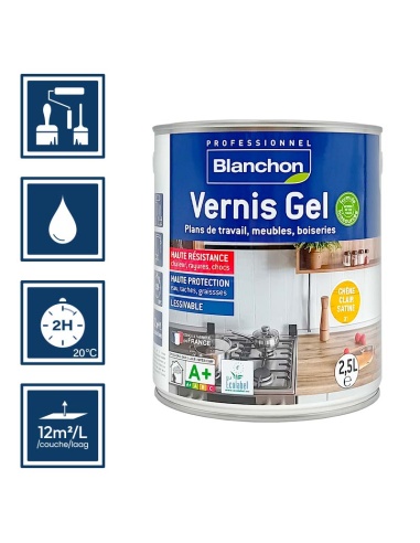 Pictos : application; temps de séchage 2h; nettoyage ustensiles à l'eau; rendement 12m²/l/couches