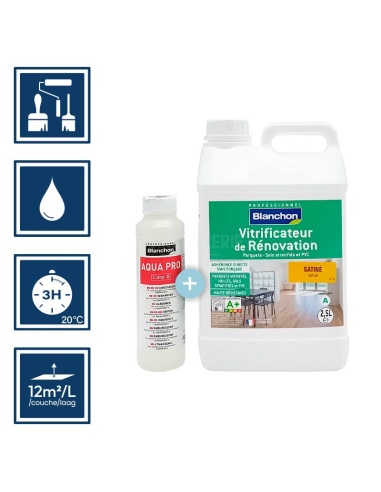 Pictos : application pinceaux/rouleaux; nettoyages ustensiles à eau; séchage 3h; rendement 12m²/l/couche