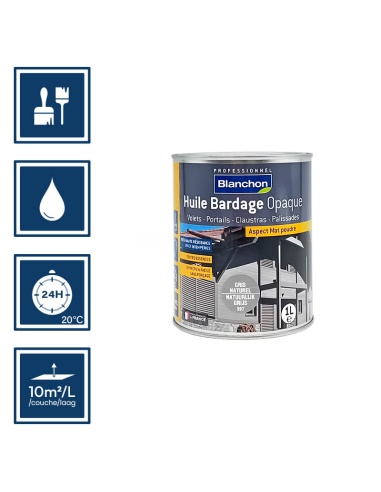 Pictos : application; temps de séchage 24h; nettoyage à l'eau; 10m²/l/couche