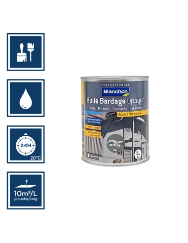 Pictos : application; temps de séchage 24h; nettoyage à l'eau; 10m²/l/couche