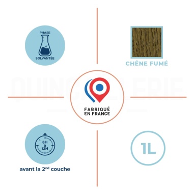 Phase solvantées, couleur chêne fumé, 1L litre, 8 à 12 heures avant la seconde couche