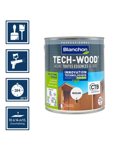 Pictos : application; séchage complet 3h; utilisation pistolet; rendement 10 à 14m²/l/couches