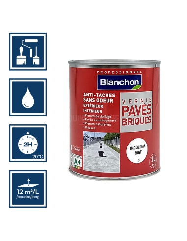 Pictos : application; temps de séchage 2h; nettoyage ustensiles à l'eau; rendement 12m²/l/couches