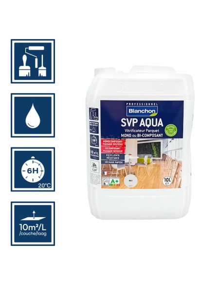 Pictos : application au pinceau, au rouleau ou au spalter / Séchage en 6h 20°C / Nettoyage ustensiles à l'eau / Rendement 10m²/l