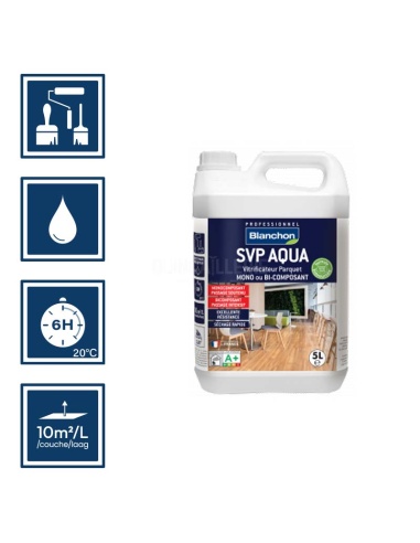 Pictos : application au pinceau, au rouleau ou au spalter / Séchage en 6h 20°C / Nettoyage ustensiles à l'eau / Rendement 10m²/l