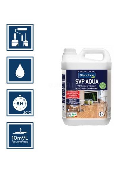 Pictos : application au pinceau, au rouleau ou au spalter / Séchage en 6h 20°C / Nettoyage ustensiles à l'eau / Rendement 10m²/l