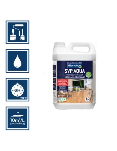 Pictos : application au pinceau, au rouleau ou au spalter / Séchage en 6h 20°C / Nettoyage ustensiles à l'eau / Rendement 10m²/l
