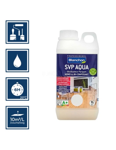Pictos : application au pinceau, au rouleau ou au spalter / Séchage en 6h 20°C / Nettoyage ustensiles à l'eau / Rendement 10m²/l