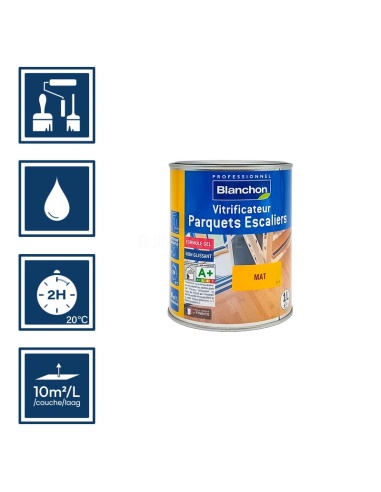 Pictos : application au pinceau, au rouleau ou au spalter / Séchage en 2h 20°C / Nettoyage outils à l'eau / Rendement 10m²/l