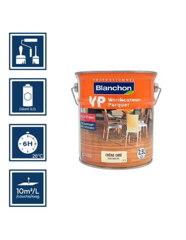 Pictos : application au pinceau, au rouleau ou au spalter / Séchage en 6h 20°C / Nettoyage diluant S.O / Rendement 10m²/l