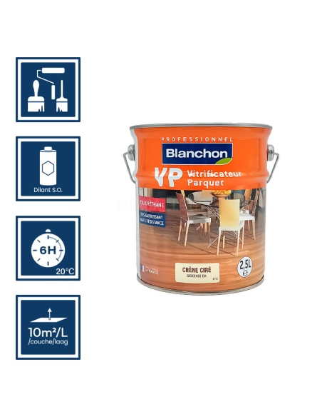 Pictos : application au pinceau, au rouleau ou au spalter / Séchage en 6h 20°C / Nettoyage diluant S.O / Rendement 10m²/l