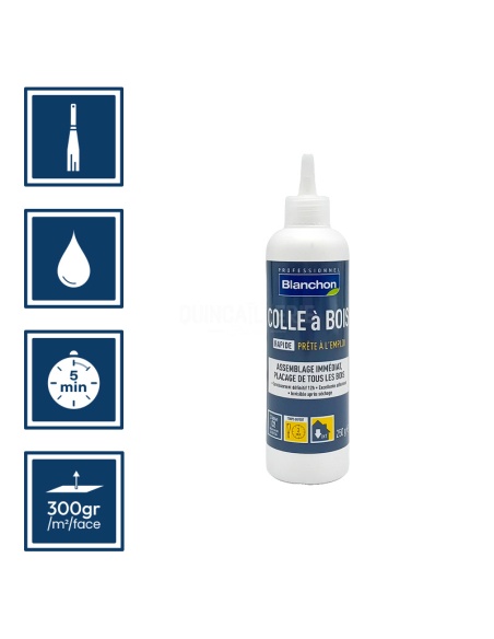 Pictos : application à la spatule, séchage 5min, nettoyage ustensiles à eau, rendement 300gr/m²/face