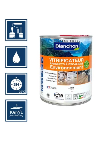 Pictos : application au pinceau, au rouleau ou au spalter / Séchage en 3h 20°C / Nettoyage ustensiles à l'eau / Rendement 10m²/l