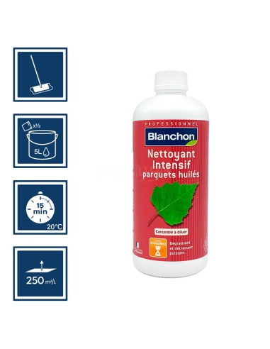 Pictos : application balais micro fibre; séchage 15min; 2 dosage dans 5l eau; nettoyage ustensiles à l'eau