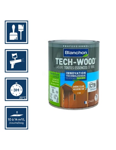 Pictos : application; séchage complet 3h; utilisation pistolet; rendement 10 à 14m²/l/couches