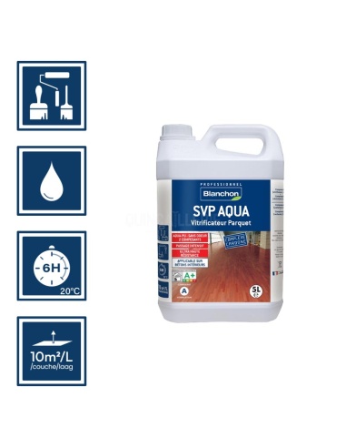 Pictos : application au pinceau, au rouleau ou au spalter / Séchage en 6h 20°C / Nettoyage ustensiles à l'eau / Rendement 10m²/l