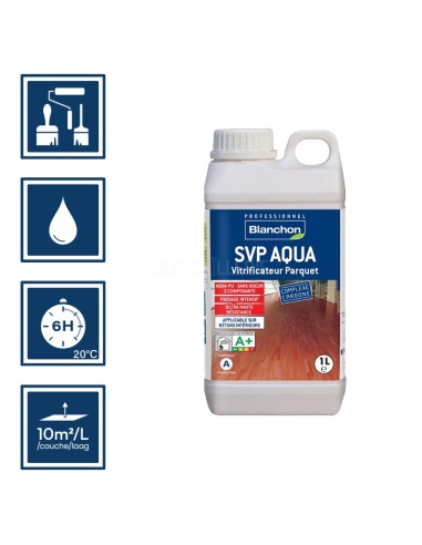 Pictos : application au pinceau, au rouleau ou au spalter / Séchage en 6h 20°C / Nettoyage ustensiles à l'eau / Rendement 10m²/l