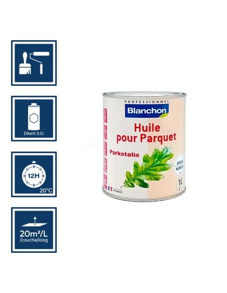 Pictos : application; temps de séchage; nettoyage ustensiles au diluant SO; 20m²/l/couche