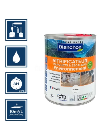 Pictos : application au pinceau, au rouleau ou au spalter / Séchage en 3h 20°C / Nettoyage ustensiles à l'eau / Rendement 10m²/l