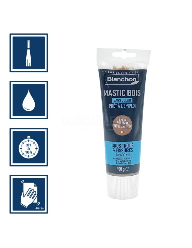 Pictos : application avec spatule; recouvrable entre 3 à 16h; nettoyage ustensile à l'eau; ponçage