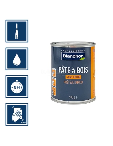 Pictos : application spatule; recouvrable aprÚs 5h; nettoyage ustensiles à l'eau; ponçage aprÚs 40 mn