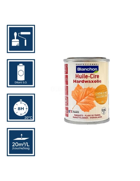 Pictos : application; temps de séchage; nettoyage ustensiles au diluant SO; 20m²/l/couche