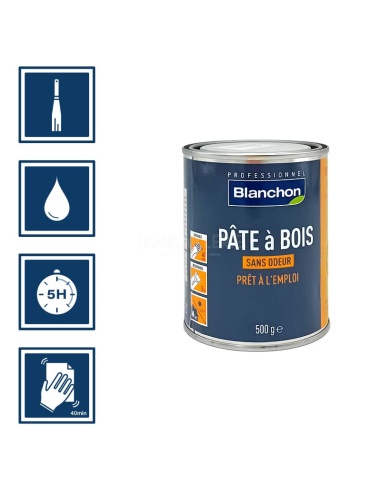 Pictos : application spatule; recouvrable aprÚs 5h; nettoyage ustensiles à l'eau; ponçage aprÚs 40 mn