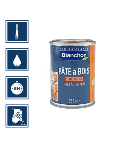 Pictos : application spatule; recouvrable aprÚs 5h; nettoyage ustensiles à l'eau; ponçage aprÚs 40 mn