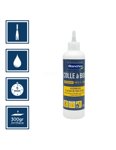 Pictos : application à la spatule, séchage 5min, nettoyage ustensiles à eau, rendement 300gr/m²/face