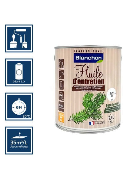 Pictos : application; temps de séchage; nettoyage ustensiles au diluant SO; 35m²/l/couche