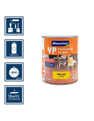 Pictos : application au pinceau, au rouleau ou au spalter / Séchage en 6h 20°C / Nettoyage diluant S.O / Rendement 10m²/l