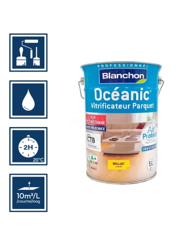 Pictos : application au pinceau, au rouleau ou au spalter / Séchage en 2h 20°C / Nettoyage ustensiles à l'eau / Rendement 10m²/l