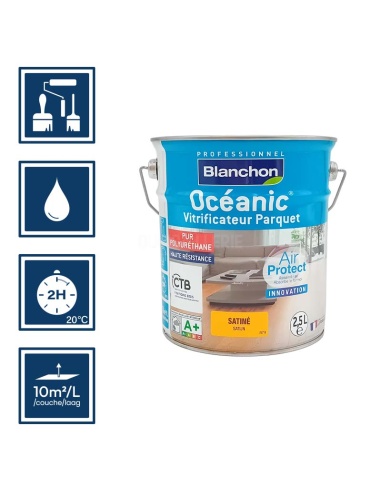 Pictos : application au pinceau, au rouleau ou au spalter / Séchage en 2h 20°C / Nettoyage ustensiles à l'eau / Rendement 10m²/l