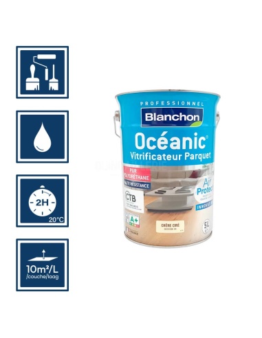 Pictos : application au pinceau, au rouleau ou au spalter / Séchage en 2h 20°C / Nettoyage ustensiles à l'eau / Rendement 10m²/l