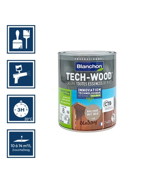 Pictos : application; séchage complet 3h; utilisation pistolet; rendement 10 à 14m²/l/couches