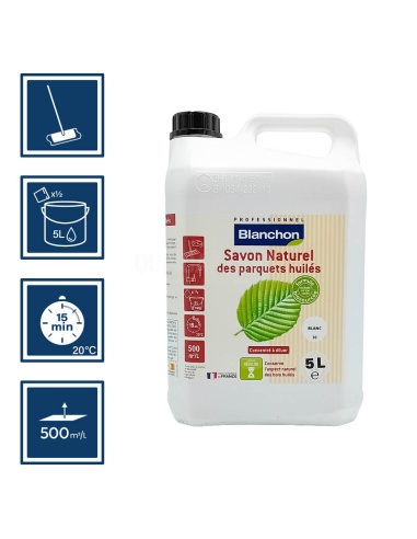 Pictos : application balai micro-fibre; séchage 15min; un demi dosage dans 5l eau; rendement 500m²/l