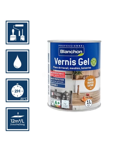 Pictos : application; temps de séchage 2h; nettoyage ustensiles à l'eau; rendement 12m²/l/couches