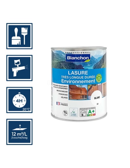 Pictos : application; séchage complet 4h; utilisation pistolet; rendement 12m²/l/couche