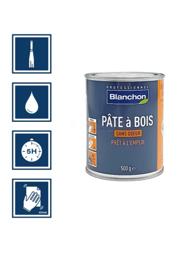 Pictos : application spatule; recouvrable après 5h; nettoyage ustensiles à l'eau; ponçage après 40 mn