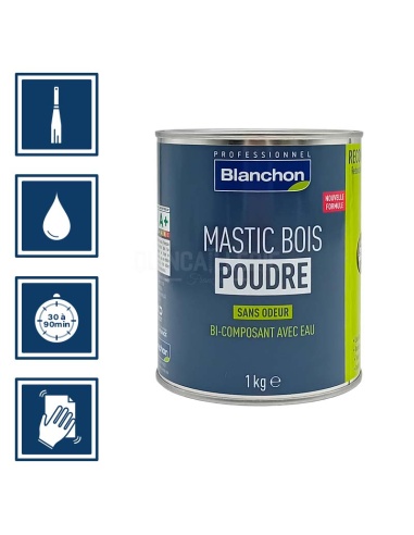 Pictos : application à la spatule, temps de séchage entre 30 à 90 minutes, nettoyage des ustensiles à l'eau, poncer