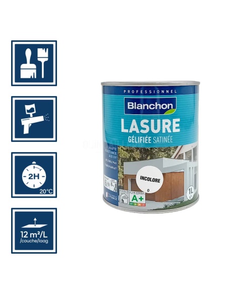 Pictos : application; séchage complet 2h; utilisation pistolet; rendement 12m²/l/couches
