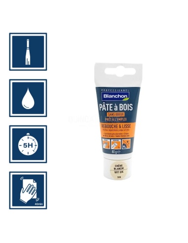 Pictos : application spatule; recouvrable aprÚs 5h; nettoyage ustensiles à l'eau; ponçage aprÚs 40 mn