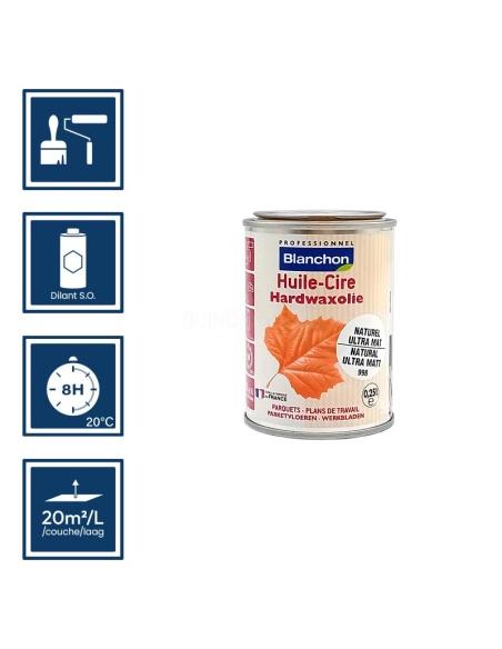Pictos : application; temps de séchage; nettoyage ustensiles au diluant SO; 20m²/l/couche