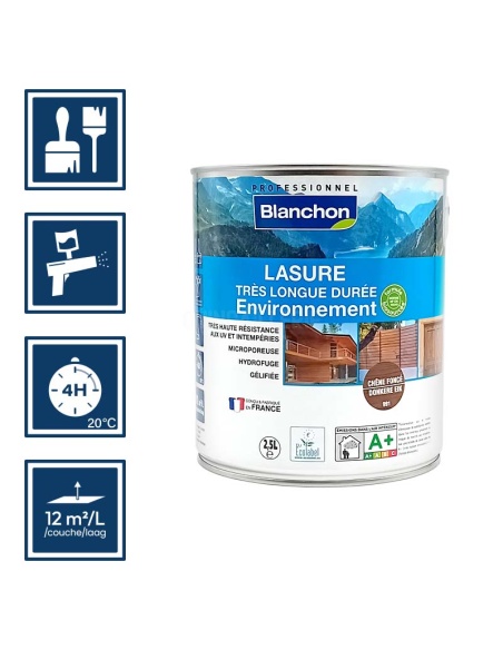 Pictos : application; séchage complet 4h; utilisation pistolet; rendement 12m²/l/couche