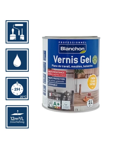 Pictos : application; temps de séchage 2h; nettoyage ustensiles à l'eau; rendement 12m²/l/couches