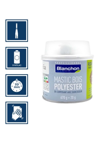 Pictos : application spatule, nettoyage ustensiles au syntilac, séchage 20min, ponçage