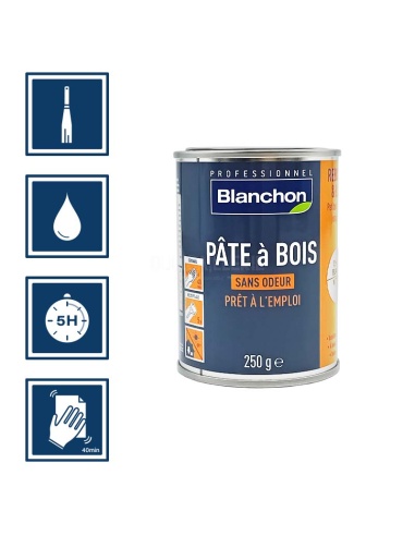 Pictos : application spatule; recouvrable aprÚs 5h; nettoyage ustensiles à l'eau; ponçage aprÚs 40 mn