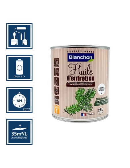 Pictos : application; temps de séchage; nettoyage ustensiles au diluant SO; 35m²/l/couche