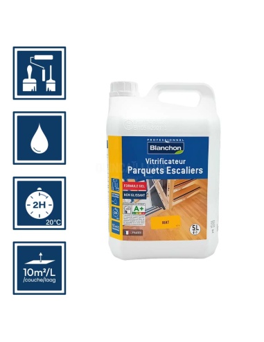Pictos : application au pinceau, au rouleau ou au spalter / Séchage en 2h 20°C / Nettoyage outils à l'eau / Rendement 10m²/l