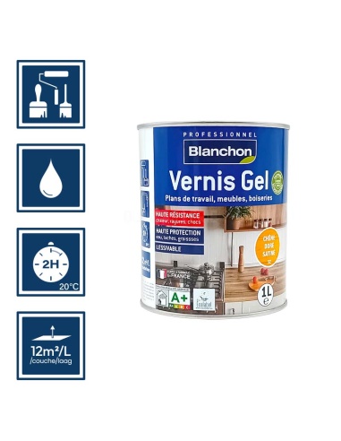 Pictos : application; temps de séchage 2h; nettoyage ustensiles à l'eau; rendement 12m²/l/couches